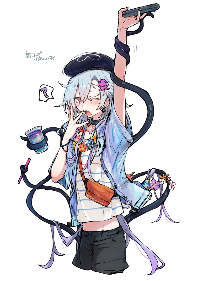 1boy ? arknights arm_up azuma_shino beret black_hat black_pants blue_flower blue_hair blue_jacket collarbone commentary_request cropped_legs crossed_bangs fanny_pack flower flower_necklace gradient_hair groin hair_between_eyes hair_ornament hat highres holding infection_monitor_(arknights) jacket jellyfish_hair_ornament jewelry lei long_hair looking_at_viewer male_focus midriff_peek mizuki_(arknights) mizuki_(summer_feast)_(arknights) motion_lines multicolored_hair necklace one_eye_closed open_clothes open_jacket pants pink_flower purple_hair shirt short_sleeves simple_background solo spoken_question_mark striped_clothes striped_shirt tentacles translation_request very_long_hair white_background white_flower white_shirt yawning yellow_flower