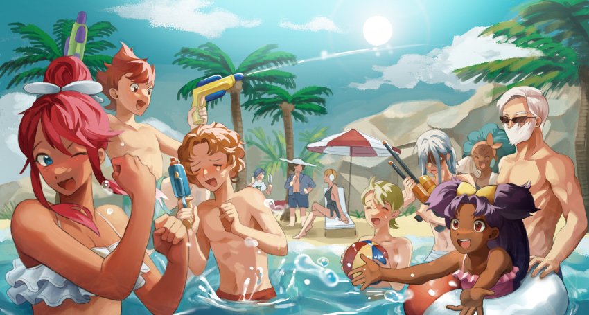 4girls 6+boys :d alternate_costume barefoot beach beach_umbrella beard blue_eyes blue_male_swimwear blue_swim_trunks blush breasts brown_hair brycen_(pokemon) burgh_(pokemon) c0ral_reef_p chili_(pokemon) cilan_(pokemon) clay_(pokemon) cleavage closed_eyes cloud commentary_request cress_(pokemon) dark-skinned_female dark_skin day drayden_(pokemon) elesa_(pokemon) facial_hair green_hair happy highres holding innertube iris_(pokemon) lenora_(pokemon) male_swimwear medium_breasts multiple_boys multiple_girls nintendo one_eye_closed open_clothes open_mouth open_shirt outdoors palm_tree playing pokemon pokemon_bw red_hair sand shirt shore short_hair sidelocks sitting sky skyla_(pokemon) smile splashing sun sunglasses swim_ring swim_trunks swimsuit tongue topless_male tree umbrella wading water water_gun white_hair