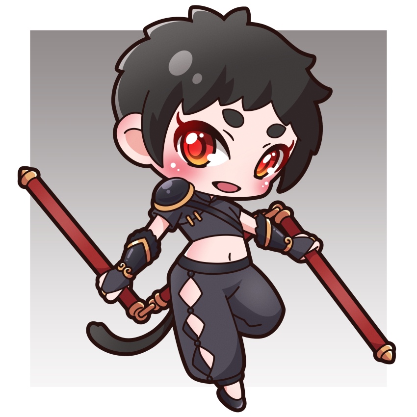 1girl :d absurdres armor black_hair black_pants black_shirt black_shoes bridal_gauntlets chibi chinese_zodiac commentary_request crop_top full_body grey_background highres holding holding_weapon looking_at_viewer midriff navel open_mouth original pants pauldrons puffy_pants red_eyes saishosaisekojo shirt shoes short_eyebrows short_hair short_sleeves shoulder_armor single_pauldron smile solo thick_eyebrows weapon weapon_request year_of_the_monkey