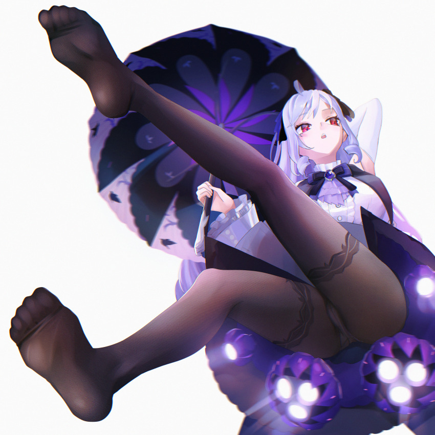 1girl absurdres ascot ass black_nails black_pantyhose bow bowtie breast_curtains breasts commentary drill_hair english_commentary floating full_body gem highres holding holding_umbrella large_breasts long_hair long_legs long_sleeves no_shoes open_mouth panties panties_under_pantyhose pantyhose patterned_legwear purple_ascot purple_bow purple_bowtie purple_gemstone purple_hair purple_umbrella red_eyes simple_background solo taaakaaaa teeth umbrella underwear vivian_(zenless_zone_zero) white_background white_panties zenless_zone_zero