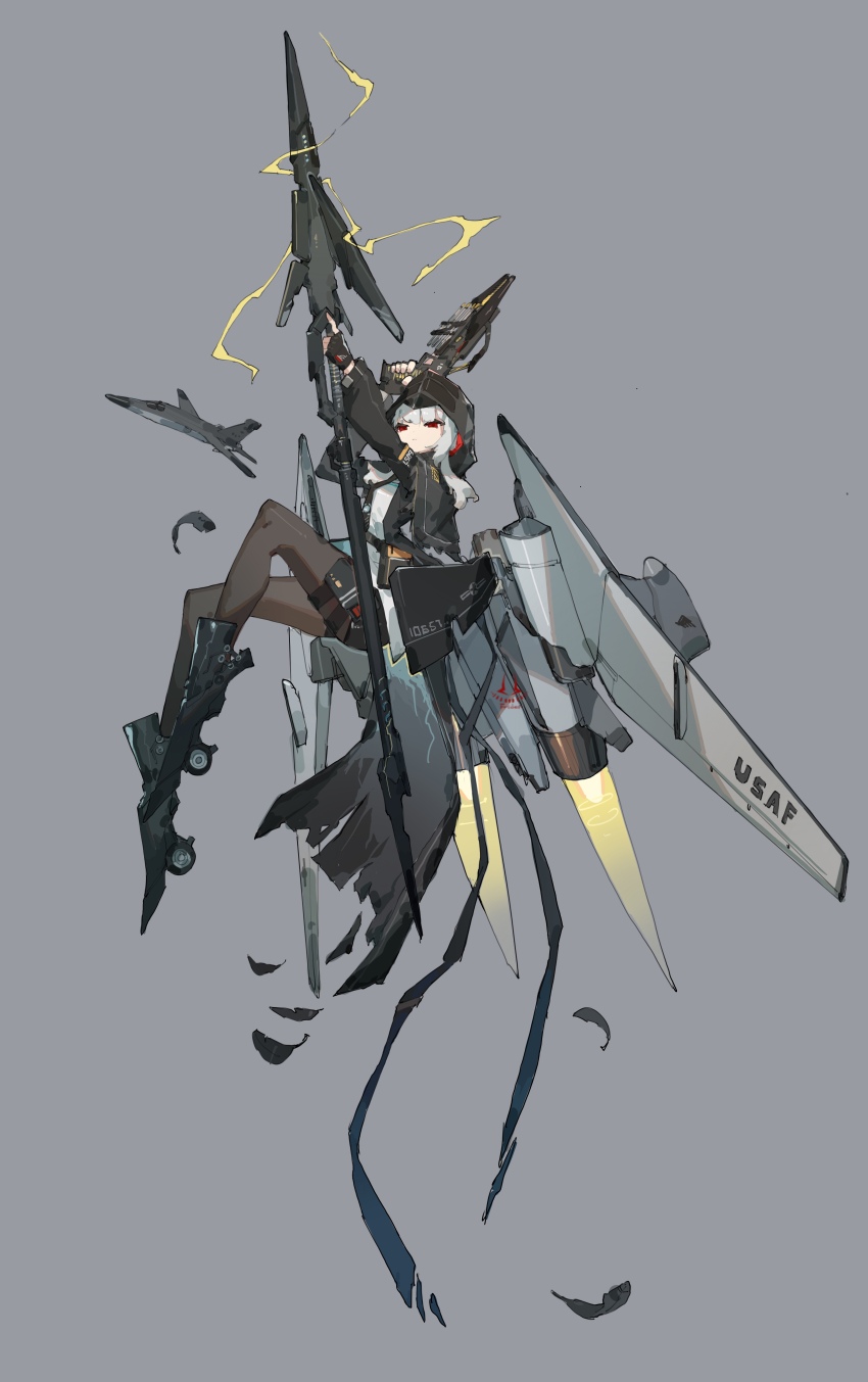 absurdres capelet energy_gun f-111_aardvark feathers frider highres hood lance mecha_musume original personification polearm tachi-e tagme thighhighs vehicle_and_personification weapon
