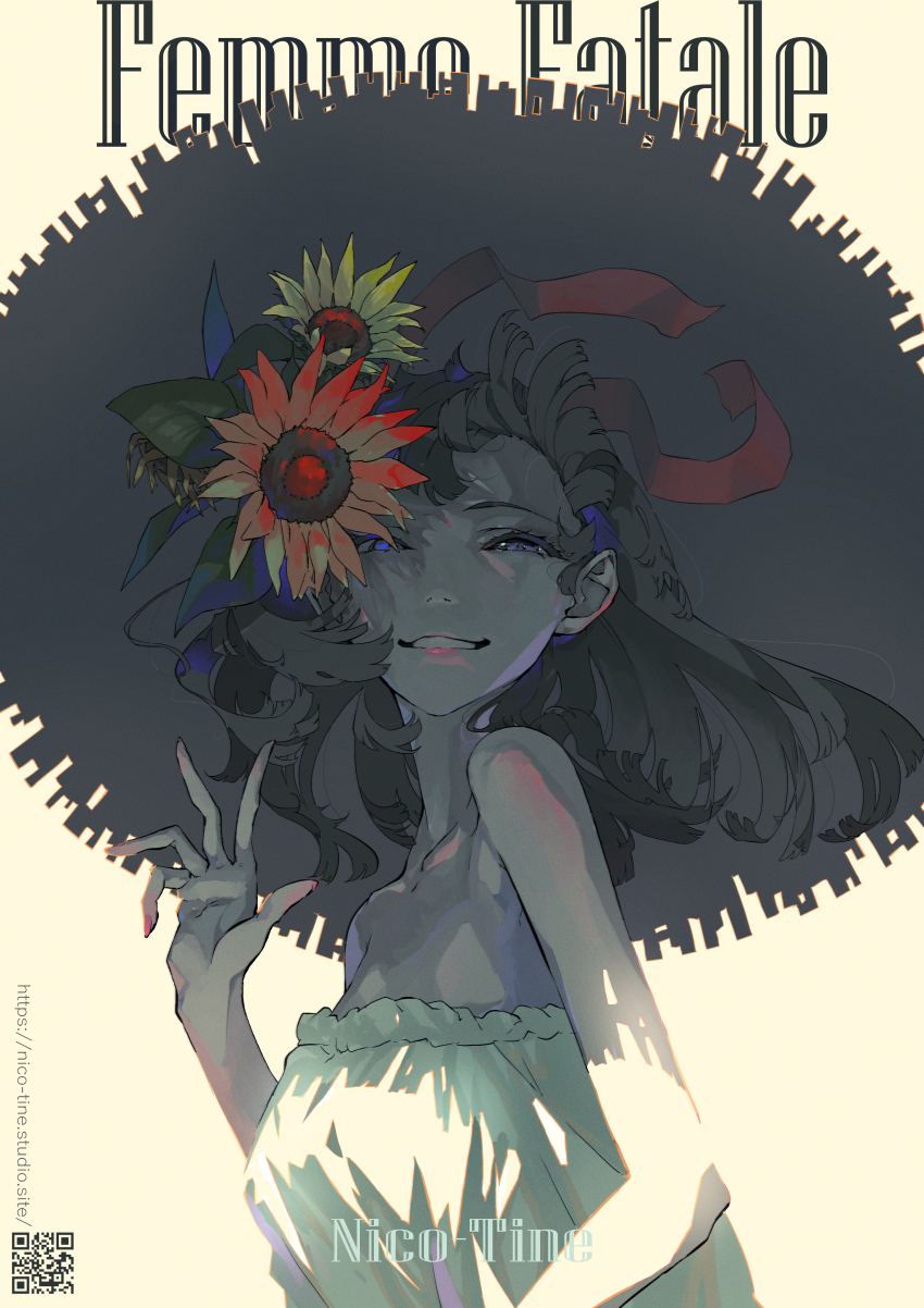 1girl absurdres artist_name bare_shoulders black_hair blue_eyes commentary dress english_text flower hair_flower hair_ornament hat highres large_hat long_hair nico-tine original pink_lips pink_nails qr_code red_ribbon ribbon shadow simple_background solo straw_hat sunflower sunflower_hair_ornament white_dress