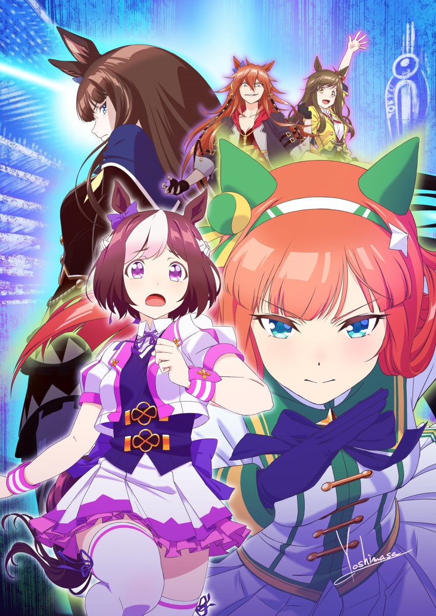 5girls absurdres animal_ears arm_up black_gloves blue_cape blue_eyes blue_gloves bow breasts brown_eyes brown_hair buena_vista_(old_design)_(umamusume) cape cleavage closed_mouth coat collared_shirt cropped_jacket deep_impact_(umamusume) ear_bow ear_covers fingerless_gloves gloves grin hairband highres horse_ears horse_girl horse_tail jacket long_hair looking_at_viewer miniskirt multicolored_hair multiple_girls multiple_views neck_ribbon open_mouth orange_hair orfevre_(old_design)_(umamusume) purple_eyes purple_vest red_shirt ribbon running shirt short_hair signature silence_suzuka_(umamusume) single_glove skirt small_breasts smile special_week_(umamusume) tail thighhighs two-tone_hair umamusume v-shaped_eyebrows vest white_jacket white_skirt white_thighhighs wrist_cuffs yellow_jacket yoshinaga_masahiro