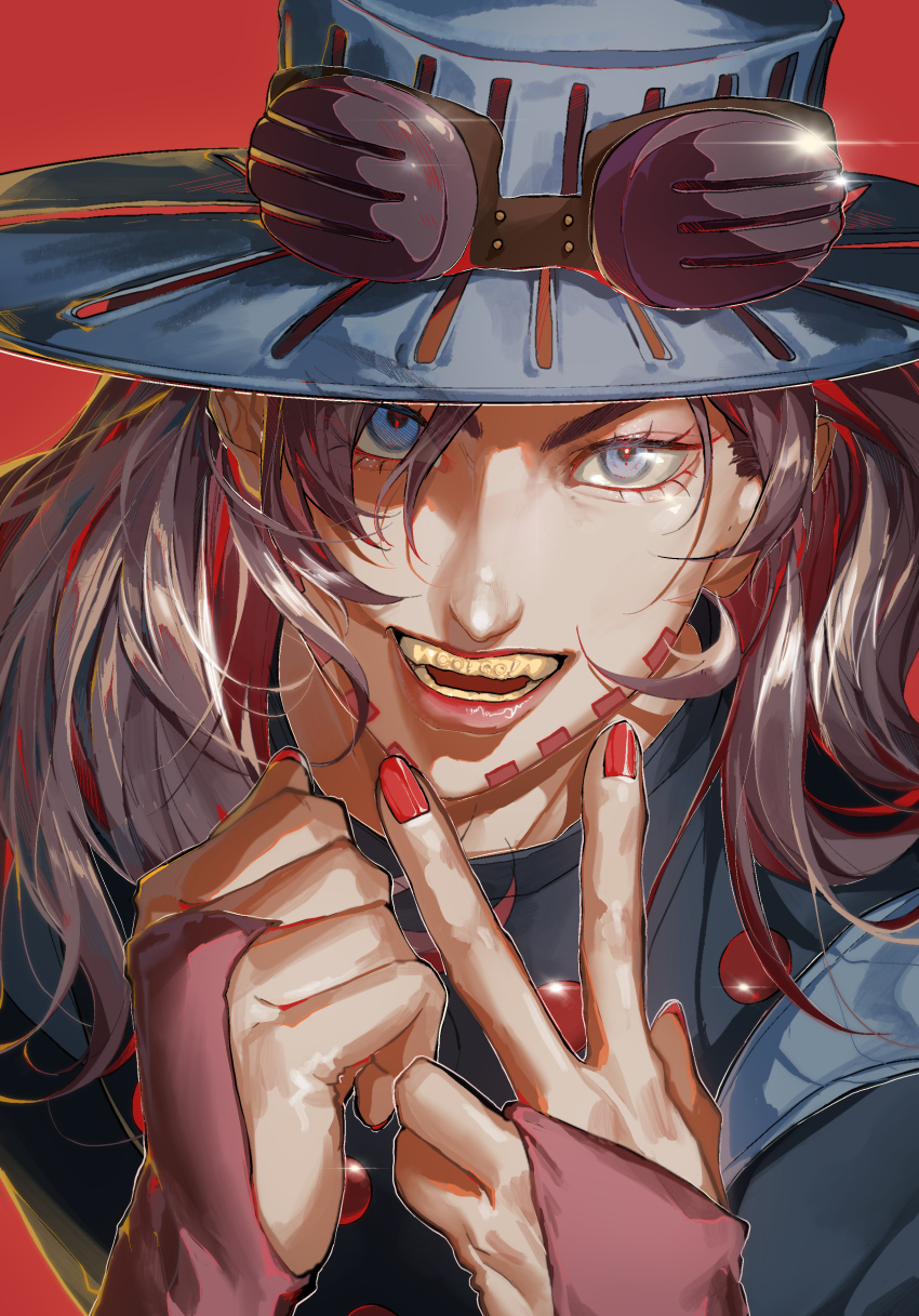 1boy absurdres beard blue_eyes blue_hat blue_shirt bridal_gauntlets cowboy_hat eyelashes facial_hair goggles goggles_on_headwear gold_teeth grills gyro_zeppeli hat highres jojo_no_kimyou_na_bouken kono_tt_da lips long_hair male_focus open_mouth pink_bridal_gauntlets red_background red_nails shiny_lips shirt solo steel_ball_run teeth v