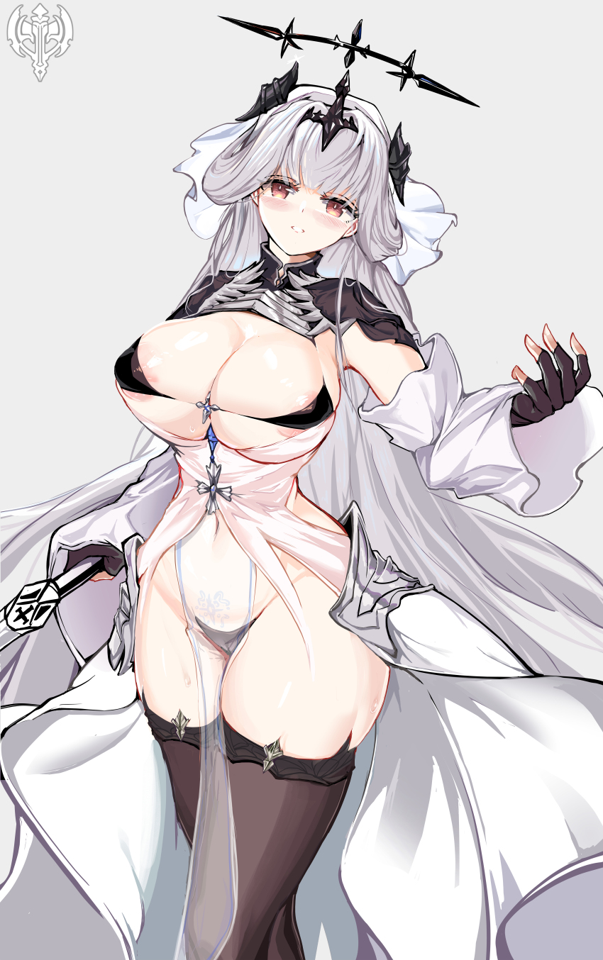 1girl absurdres areola_slip azur_lane black_bra black_gloves black_thighhighs black_tiara blush bra breasts dress extreme_crop_top fingerless_gloves gloves grey_background grey_hair highres holding holding_sword holding_weapon large_breasts long_hair looking_at_viewer marseillaise_(azur_lane) navel oshiokitime parted_lips pelvic_curtain red_eyes revealing_clothes simple_background solo sword thighhighs tiara underwear vichya_dominion_(emblem) weapon white_dress white_hair wide_hips