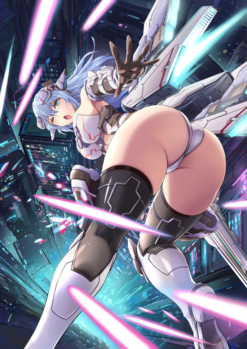 1girl ;o absurdres armored_boots artery_gear artery_gear:_fusion ass beam between_breasts black_gloves black_thighhighs blue_eyes blue_hair boots breasts building city clothing_cutout elbow_gloves falling fish.boy from_above gloves hair_between_eyes headgear highres kneepits large_breasts laser leotard long_hair looking_at_viewer looking_back mecha_musume mechanical_wings navel_cutout one_eye_closed revealing_clothes science_fiction solo thighhighs thighs thong_leotard thrusters white_boots white_leotard wings