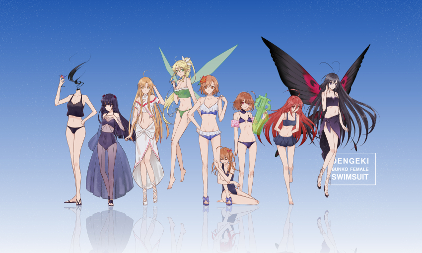 absurdres accel_world bikini black_hair blonde_hair blue_bikini blue_hair breasts brown_hair butterfly_wings celty_sturluson cleavage collarbone crossover cup dullahan durarara!! faceless faceless_female flat_chest flip-flops floating green_bikini guilty_crown headless highres insect_wings kuroyukihime large_breasts leafa_(sao) legs lingerie long_hair long_legs midriff misaka_mikoto navel neck orange_hair ponytail red_hair sandals shakugan_no_shana shana shirai_kuroko short_hair swimsuit sword_art_online tagme toaru_majutsu_no_index tsugumi_(guilty_crown) twintails underwear water_gun wings