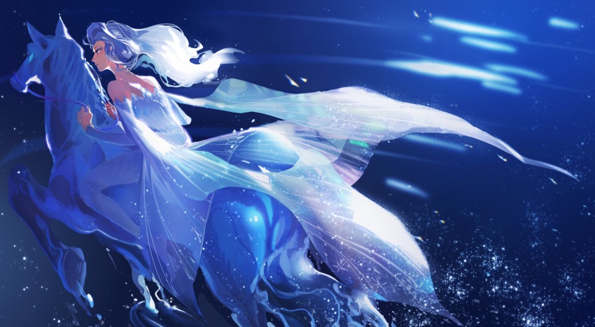 1girl absurdres animal bare_shoulders blue_background blue_dress closed_mouth commentary_request crrispy_shark dress elsa_(frozen) from_behind frozen_(disney) frozen_ii_(disney) highres holding holding_reins horse horseback_riding long_hair looking_ahead reins riding ripples solo water_elemental