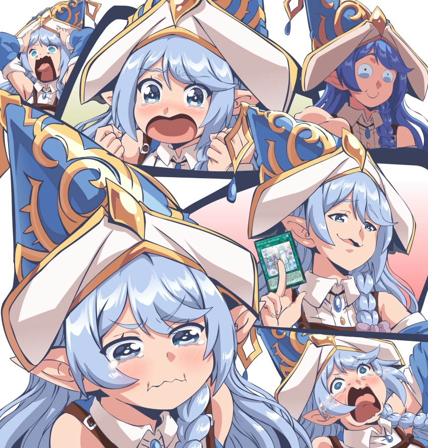 1girl aqua_(konosuba) arms_up bare_shoulders blue_eyes blue_hair blue_hat blue_sleeves blush braid breast_strap card closed_mouth collared_dress commentary crying crying_aqua_(meme) crying_with_eyes_open detached_sleeves dress duel_monster elf english_commentary hair_between_eyes hat highres holding holding_card kono_subarashii_sekai_ni_shukufuku_wo! lewdamone long_hair meme multiple_expressions multiple_views open_mouth panicking pointy_ears rite_of_aramesir side_braid sidelocks single_braid smug swept_bangs tantrum tears trading_card upper_body water_enchantress_of_the_temple white_dress witch_hat yu-gi-oh!