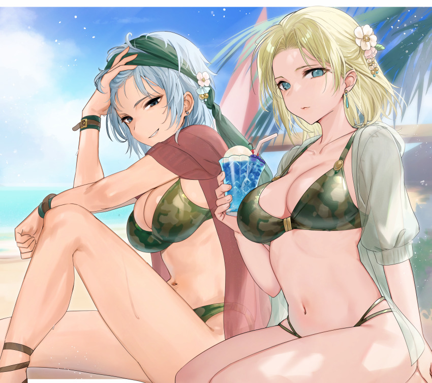 2girls absurdres beach bikini blonde_hair blue_eyes blue_hair bra breasts cleavage closed_mouth cloud cloudy_sky collarbone commission earrings echidna_(fire_emblem) fire_emblem fire_emblem:_the_binding_blade fire_emblem:_the_sacred_stones flower green_bikini green_bra green_panties grin hair_flower hair_ornament haru_(nakajou-28) highres jewelry large_breasts looking_at_viewer multiple_girls navel nintendo ocean panties pixiv_commission see-through_clothes selena_(fire_emblem:_the_sacred_stones) short_hair sitting sky smile swimsuit teeth underwear