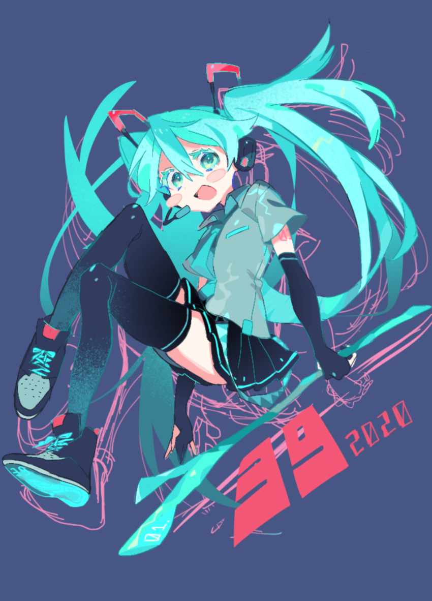 1girl 2020 aqua_eyes aqua_hair aqua_necktie black_gloves black_shoes black_skirt black_thighhighs blush breasts colored_eyelashes dated gloves grey_shirt hair_between_eyes hair_ornament hatsune_miku highres long_hair looking_at_viewer miku_day miniskirt necktie oimo_(14sainobba) open_mouth partially_fingerless_gloves shirt shoes skirt small_breasts smile solo thighhighs thighs twintails very_long_hair vocaloid