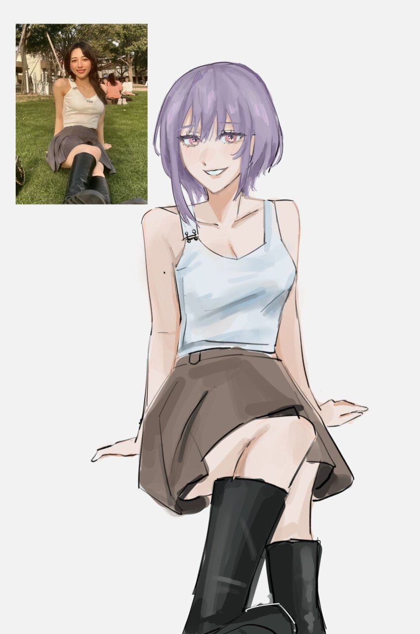 1girl artist_name bang_dream! bang_dream!_it&#039;s_mygo!!!!! black_boots boots breasts cleavage commentary dark_skin highres medium_breasts mole mole_on_arm open_mouth pink_hair purple_eyes reference_inset simple_background sitting solo tank_top voice_actor voice_actor_connection walpurgisto white_background white_tank_top yonezawa_akane yuutenji_nyamu
