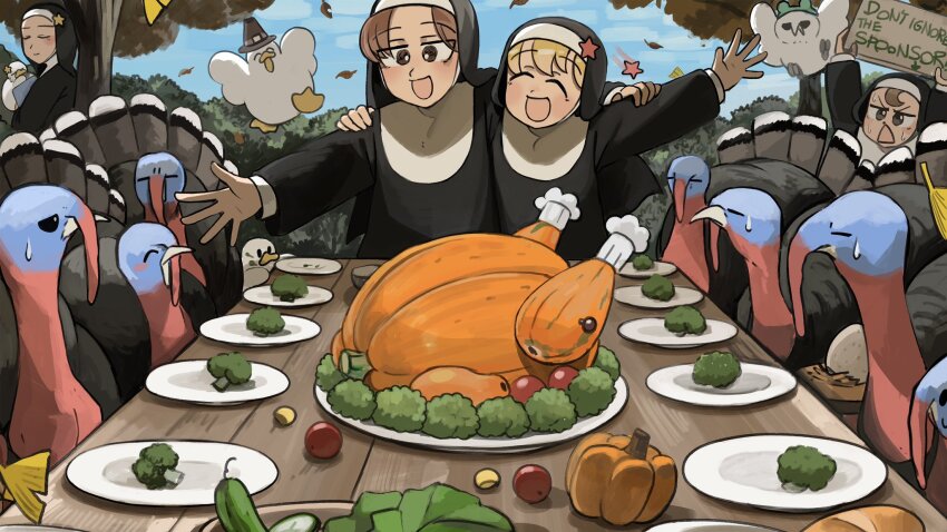 4girls :d bird blonde_hair broccoli brown_eyes brown_hair chicken closed_eyes clumsy_nun_(diva) commentary diva_(hyxpk) duck english_commentary frog_headband froggy_nun_(diva) habit highres hungry_nun_(diva) little_nuns_(diva) multiple_girls nun open_mouth owl plate pumpkin red_star slice_of_life smile star_(symbol) star_nun_(diva) star_ornament sweatdrop thanksgiving tomato traditional_nun triangle_mouth turkey_(bird)