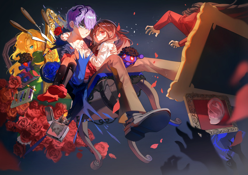 1boy 3girls absurdres blonde_hair blue_eyes carrying chair chi_chi3939 crayon flower frown garry_(ib) hair_over_one_eye highres ib_(ib) ib_(kouri) lady_in_red_(ib) mary_(ib) multiple_girls picture_frame princess_carry red_eyes rose shoes