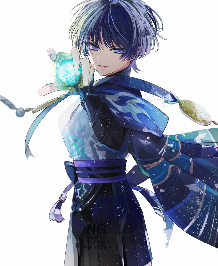 1boy anemo_symbol_(genshin_impact) aqua_gemstone armor asrhion belt bishounen black_belt black_bow black_bridal_gauntlets black_shorts blue_cape blunt_ends bow bridal_gauntlets cape eyeliner eyeshadow feathers fingernails from_side genshin_impact glowing_markings gold hakama hakama_shorts hand_up highres hip_vent holding japanese_armor japanese_clothes kimono kote kurokote looking_at_viewer makeup male_focus parted_lips pleated_shorts pom_pom_(clothes) purple_eyes purple_hair purple_rope red_eyeliner red_eyeshadow rope scaramouche_(genshin_impact) shorts smile solo tassel tsurime twitter_username vision_(genshin_impact) wanderer_(genshin_impact) watermark white_background white_kimono white_trim