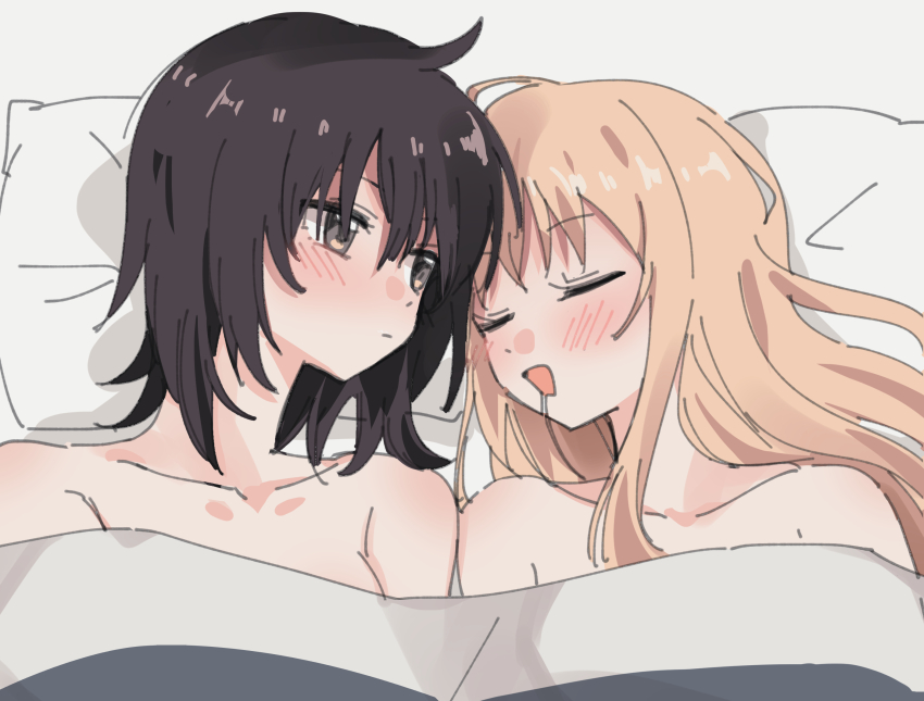 2girls black_hair blonde_hair blush closed_eyes closed_mouth collarbone commentary drooling funami_yui grey_eyes hashtag-only_commentary highres long_hair looking_at_another medium_hair mirabilite0318 multiple_girls nude open_mouth pillow sleeping toshinou_kyouko under_covers yuri yuruyuri