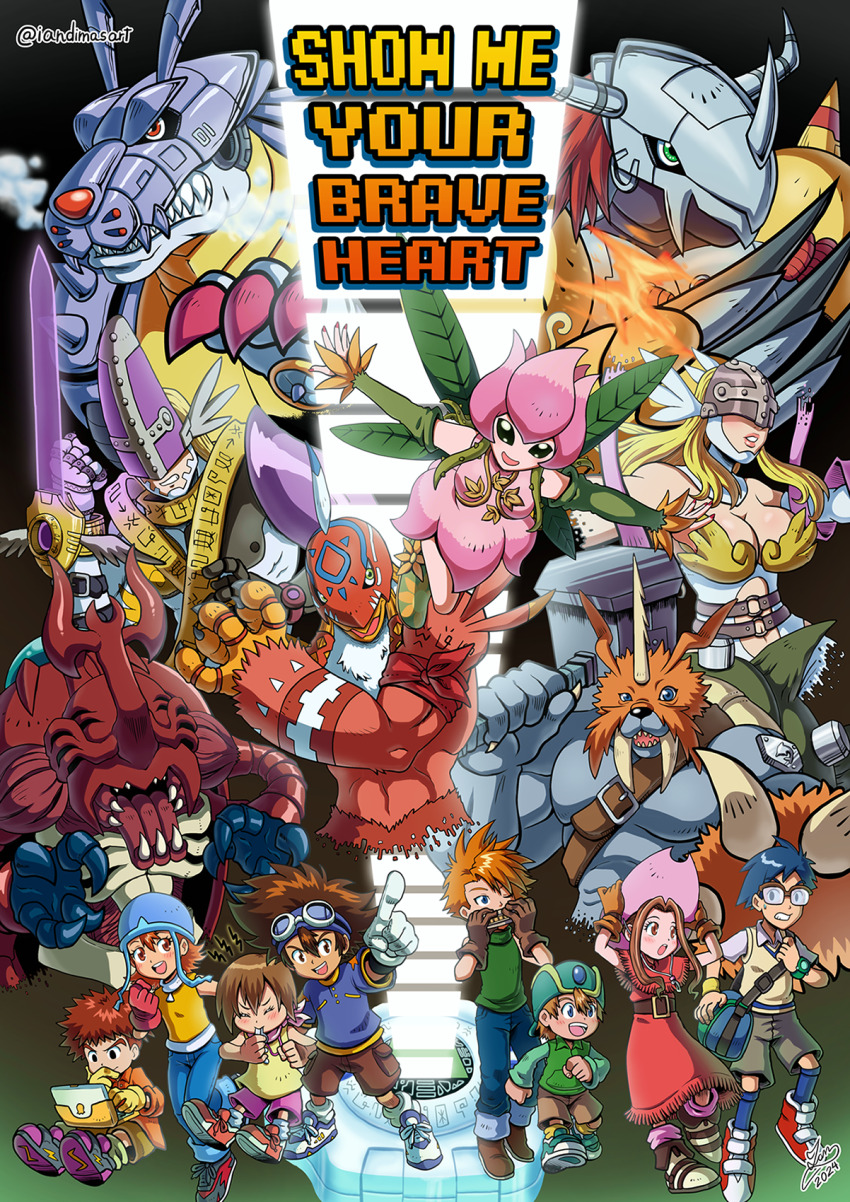 angewomon atlurkabuterimon atlurkabuterimon_(red) blonde_hair brown_hair digimon digimon_(creature) digimon_adventure garudamon glasses goggles goggles_on_head hat highres holyangemon ishida_yamato izumi_koshiro kido_jo lilimon metalgarurumon nail_polish tachikawa_mimi takaishi_takeru takenouchi_sora wargreymon yagami_hikari yagami_taichi zudomon