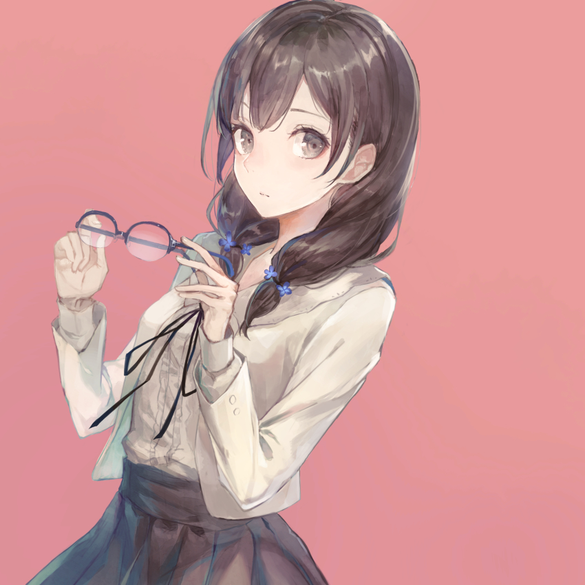 1girl absurdres black_eyes black_hair black_ribbon blush bow braid dress female_focus flowers_(innocent_grey) glasses hanabishi_rikka highres holding holding_removed_eyewear innocent_grey jacket kobutakurassyu long_hair long_sleeves looking_at_viewer low_twintails neck_ribbon over-rim_eyewear pink_background red_bow ribbon school_uniform semi-rimless_eyewear simple_background skirt solo twin_braids twintails unworn_eyewear