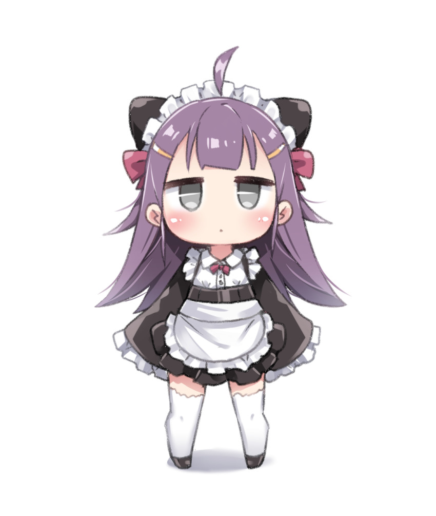 1girl ahoge apron black_bow black_dress black_shoes blush bow bowtie closed_mouth collared_dress commentary dot_mouth dress expressionless frilled_apron frilled_sleeves frills full_body grey_eyes hair_bow hair_ornament hairclip highres jitome long_hair long_sleeves looking_at_viewer maid maid_headdress no_nose original pink_bow pink_bowtie purple_hair shoes sleeves_past_fingers sleeves_past_wrists solo standing symbol-only_commentary tamase_tama thighhighs white_apron white_background white_thighhighs