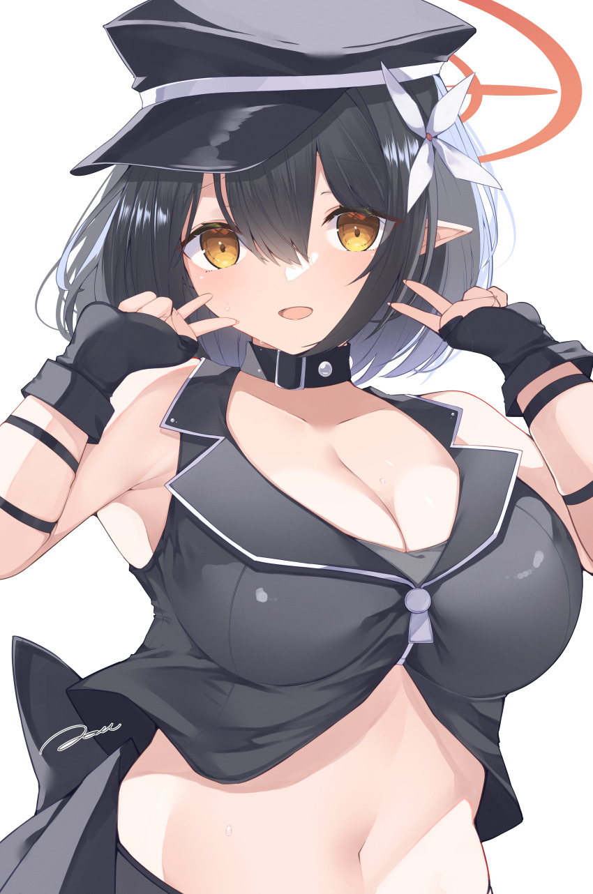 1girl absurdres alternate_breast_size ayane_(blue_archive) ayane_(idol)_(blue_archive) back_bow belt_collar black_bow black_collar black_gloves black_hair black_hat black_sailor_collar black_shirt black_shorts blue_archive bow breasts collar commentary_request double_v fingerless_gloves flower gloves hair_flower hair_ornament halo hat highres jam_(jamjam777) large_bow large_breasts looking_at_viewer midriff navel official_alternate_costume peaked_cap pointy_ears red_halo sailor_collar shirt short_hair shorts sleeveless sleeveless_shirt smile solo upper_body v yellow_eyes