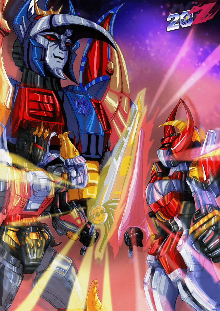 1980s_(style) 3boys absurdres armor autobot battle commentary crossover daizyuzin deathsaurus decepticon dino_megazord english_commentary evil_smile fighting from_side glowing glowing_sword glowing_weapon highres holding holding_sword holding_weapon horns kyouryuu_sentai_zyuranger mecha mechanical_wings mighty_morphin_power_rangers multiple_boys no_humans oldschool open_mouth power_rangers red_eyes retro_artstyle robot science_fiction signature smile standing star_(symbol) super_robot super_sentai sword tokusatsu transformers transformers_power_of_the_primes transformers_victory volcanicus weapon wings yellow_eyes zakman-wahid