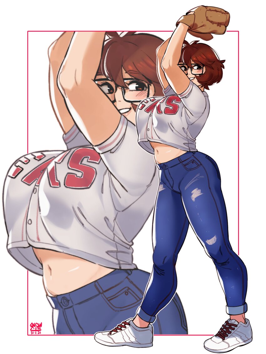 1girl absurdres baseball_jersey belly black-framed_eyewear breasts brown_eyes brown_hair choi_seol-hwa crop_top denim glasses highres jeans jersey large_breasts looking_to_the_side navel original pants photo-referenced plump rectangular_eyewear shoes short_hair smile sneakers snowcie snowciel_(snowcie) solo zoom_layer