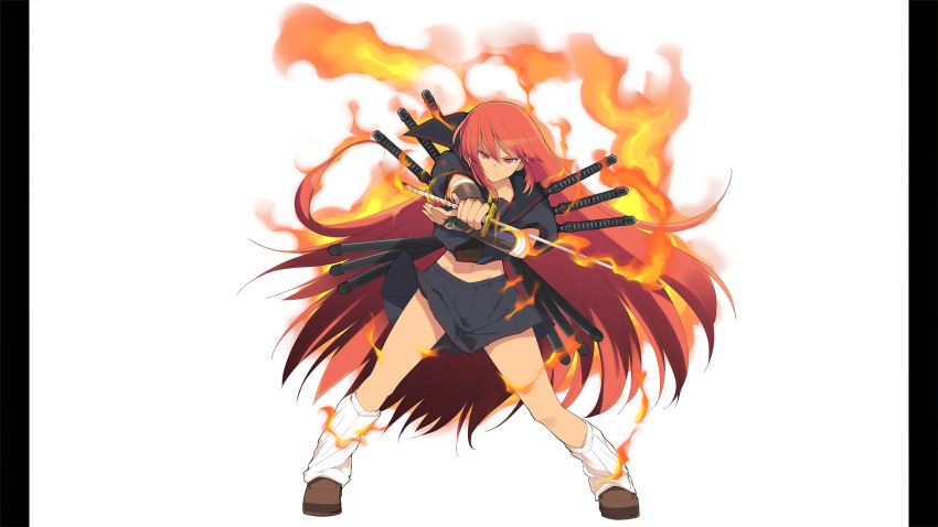 1girl absurdres alternate_form aura black_shirt black_skirt brown_shoes dark-skinned_female dark_skin fiery_aura fire frown hair_down highres holding holding_sword holding_weapon homura_(senran_kagura) long_hair looking_at_viewer midriff multiple_swords narrowed_eyes navel non-web_source official_art ouroboros pillarboxed red_eyes red_hair senran_kagura senran_kagura_burst shirt shoes skirt socks solo sword tan weapon white_background white_socks yaegashi_nan