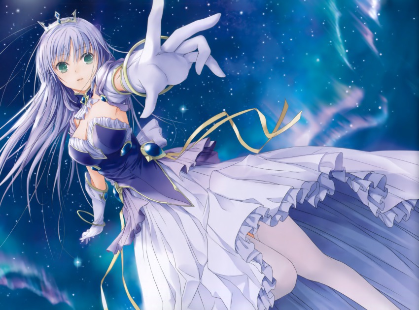 1girl absurdres aurora blue_hair breasts cleavage crown detached_sleeves dress dutch_angle feena_fam_earthlight from_below fuyuno_haruaki gloves green_eyes highres huge_filesize large_breasts looking_at_viewer looking_down night night_sky outstretched_arm parted_lips sky star_(sky) starry_sky thighhighs white_gloves white_thighhighs yoake_mae_yori_ruri_iro_na