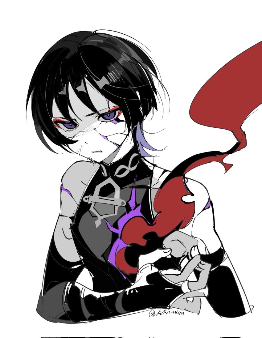 1boy arm_at_side armor blunt_ends bodysuit bridal_gauntlets cracked_skin cropped_torso curled_fingers eromkk eyeliner eyeshadow fingernails genshin_impact grey_pupils highres hole_in_chest hole_on_body japanese_armor kote looking_at_viewer makeup male_focus mandarin_collar parted_lips partially_colored purple_eyes red_eyeliner red_eyeshadow scaramouche_(genshin_impact) smoke solo tsurime twitter_username wanderer_(genshin_impact) white_background wispy_bangs