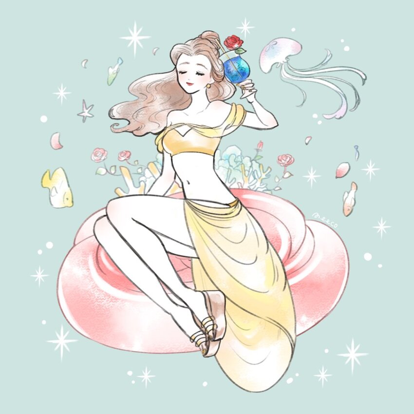 1girl adapted_costume animification beauty_and_the_beast_(disney) belle_(disney) brown_hair coral_reef earrings fish flower holding jewelry long_hair looking_at_viewer meecosme ponytail rose smile solo