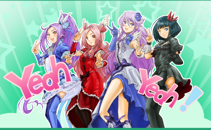 00s 10s 4girls black_legwear black_neckwear blue_eyes blue_flower blue_legwear blue_rose boots bow brooch choker cure_beat cure_moonlight cure_passion dark_precure double_v dress elbow_gloves flower fresh_precure! frills gloves goru_(cure_golgom) green_background green_hair hair_ornament hairpin heart heart_brooch heart_hair_ornament heartcatch_precure! heterochromia higashi_setsuna high_ponytail highres jewelry kurokawa_eren long_hair magical_girl multiple_girls pantyhose pink_hair ponytail precure purple_hair red_eyes ribbon rose seiren_(suite_precure) short_hair single_elbow_glove single_glove skirt smile suite_precure thigh_boots thighhighs tiara tsukikage_yuri v waist_bow white_choker wrist_cuffs yellow_eyes