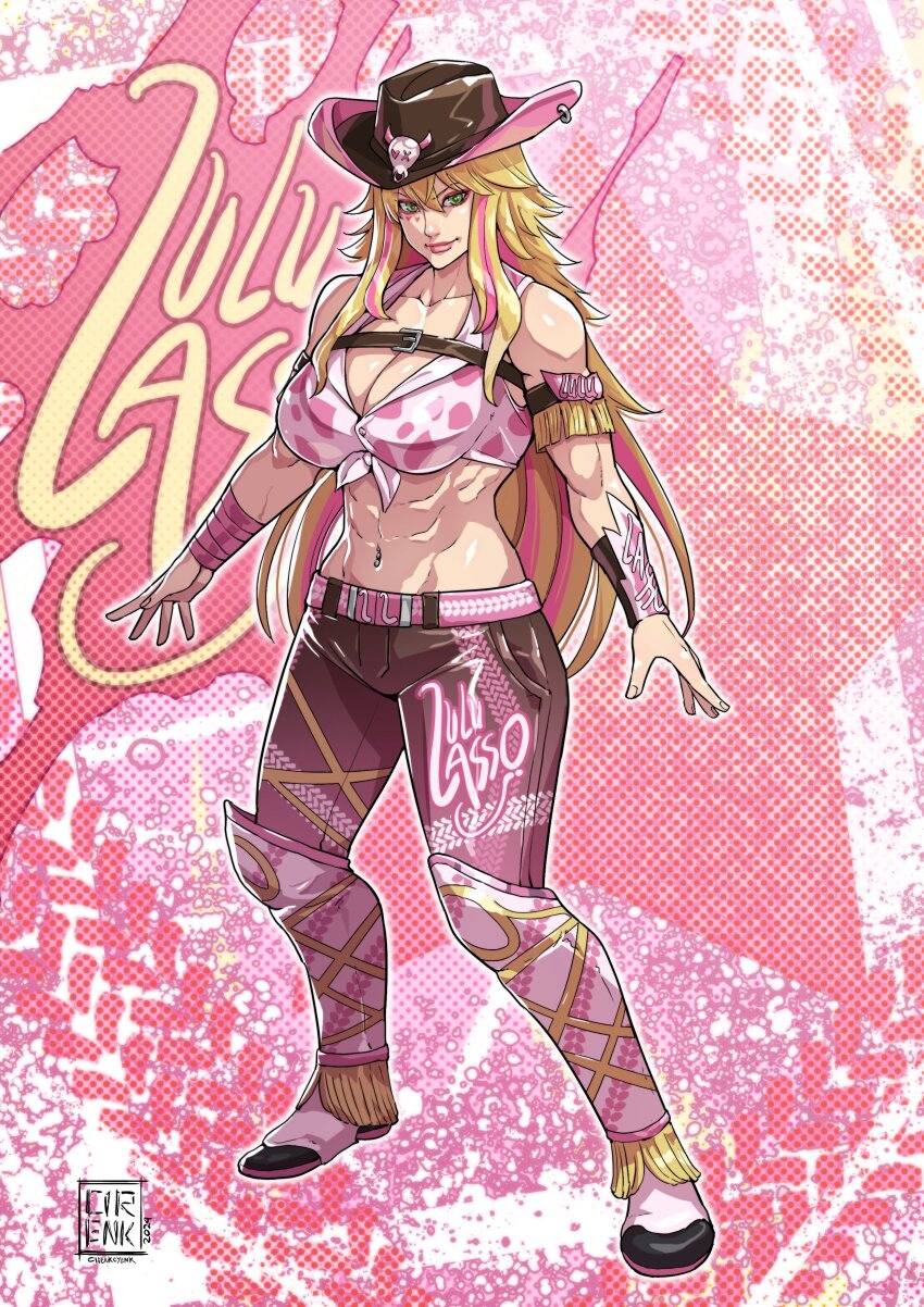 1girl abs absurdres animal_print artist_name belt belt_buckle blonde_hair breasts buckle character_name cirenk cleavage commentary cow_print cowboy_hat crop_top english_commentary facial_mark full_body gradient_pants green_eyes hair_between_eyes hat heart heart_facial_mark highres large_breasts lips long_hair lulu_lasso multicolored_footwear multicolored_hair multicolored_pants navel_piercing nexas_(vtuber) outline pants piercing pink_background pink_belt pink_hair second-party_source shirt sidelocks solo standing star_(symbol) streaked_hair virtual_youtuber white_footwear white_outline white_shirt