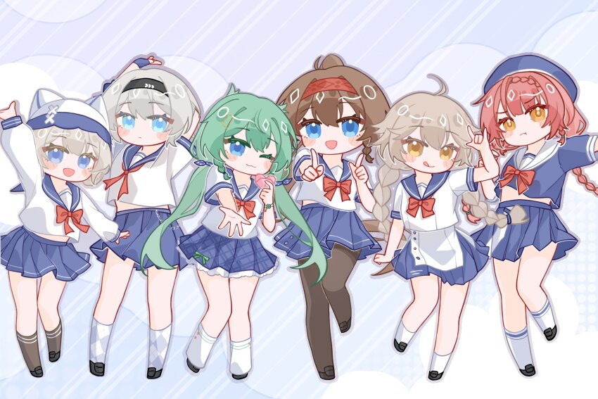 6+girls aether_gazer ahoge arms_up beret black_socks blue_eyes blue_hat blue_sailor_collar blue_skirt bow bowtie braid brown_hair chibi chibi_only commentary_request derivative_work green_hair grey_hair hairband hat high_ponytail highres idol leviathan_(aether_gazer) light_blush logo long_hair looking_at_viewer low_twin_braids low_twintails midriff_peek multiple_girls neckerchief orange_eyes osiris_(aether_gazer) ponytail pout red_bow red_bowtie red_hair red_hairband red_neckerchief sailor_collar short_hair skirt socks stage thor_(aether_gazer) twin_braids twintails verthandi_(aether_gazer) vidar_(aether_gazer) white_hair white_sailor_collar xiaoqizi12 zenkibo_tengu