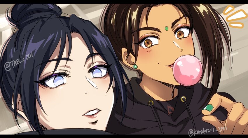 2girls animification apex_legends black_hair black_hoodie blue_eyes brown_eyes brown_hair chewing_gum drawstring eyebrow_cut face_piercing green_nails hair_bun highres hood hood_down hoodie kiraki letterboxed looking_at_viewer medium_hair multiple_girls no_pupils nose_piercing notice_lines parted_lips photo-referenced piercing rampart_(apex_legends) single_hair_bun smile twitter_username v-shaped_eyebrows wraith_(apex_legends)