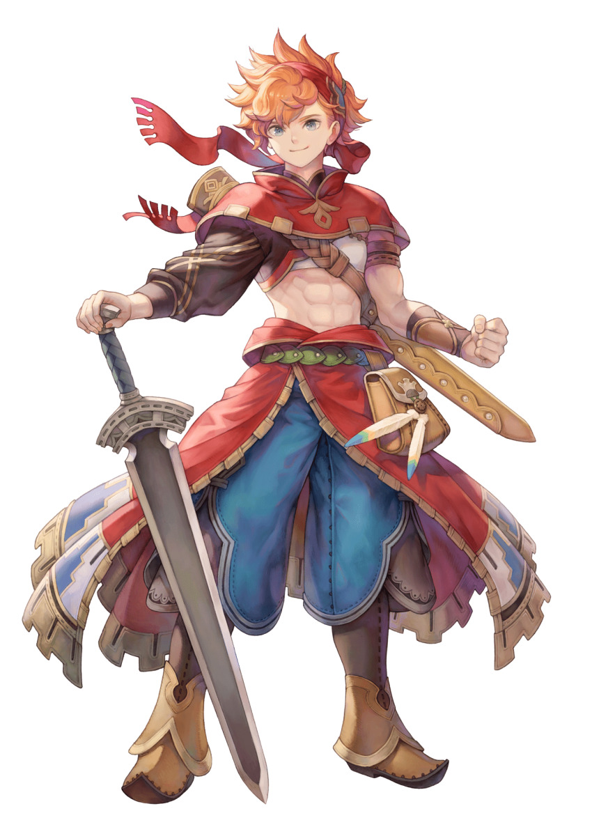 1boy abs blue_eyes boots clenched_hand crop_top full_body haccan headband highres male_focus official_art orange_hair pants second-party_source seiken_densetsu smile solo sword toned toned_male transparent_background val_(visions_of_mana) visions_of_mana weapon