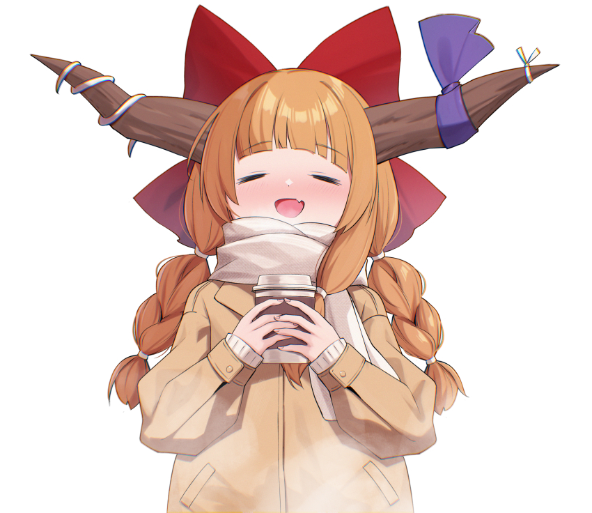 1girl :d alternate_costume blunt_bangs blush bow braid brown_horns closed_eyes cup fang hair_bow highres holding holding_cup horn_ornament horn_ribbon horns ibuki_suika long_sleeves oeyama open_mouth orange_hair purple_ribbon red_bow ribbon scarf simple_background skin_fang smile solo touhou twin_braids upper_body white_background white_scarf