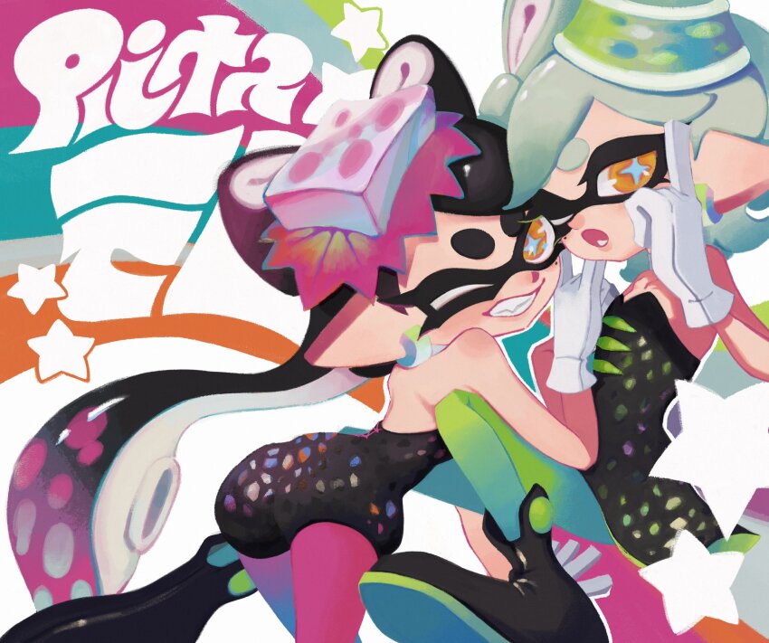 2girls bare_shoulders black_dress black_hair black_jumpsuit blue_pupils bow-shaped_hair callie_(splatoon) callie_(squid_sisters_outfit)_(splatoon) collar cross-shaped_pupils detached_collar dress earrings gloves gradient_hair green_pantyhose grey_hair grin highres inkling jewelry jumpsuit ka1_(k4k37) long_hair looking_at_viewer marie_(splatoon) marie_(squid_sisters_outfit)_(splatoon) medium_hair mole mole_under_eye multicolored_hair multiple_girls nintendo one_eye_closed orange_eyes pantyhose pink_hair pink_pantyhose pointy_ears revision short_jumpsuit smile splatoon_(series) strapless strapless_dress swept_bangs symbol-shaped_pupils tentacle_hair thick_eyebrows two-tone_hair white_collar white_gloves