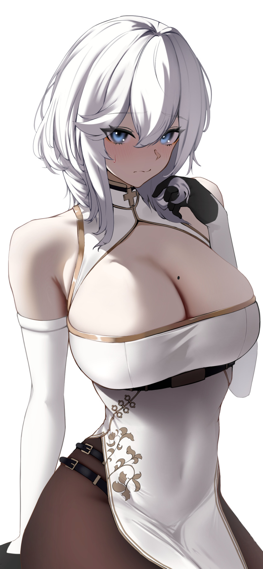 1girl absurdres alternate_costume azur_lane black_pantyhose breasts china_dress chinese_clothes cleavage cleavage_cutout clothing_cutout covered_navel dress elbow_gloves gloves twirling_hair highres isonun large_breasts looking_at_viewer medium_hair mole mole_on_breast pantyhose two-tone_gloves washington_(azur_lane) white_background white_dress white_hair