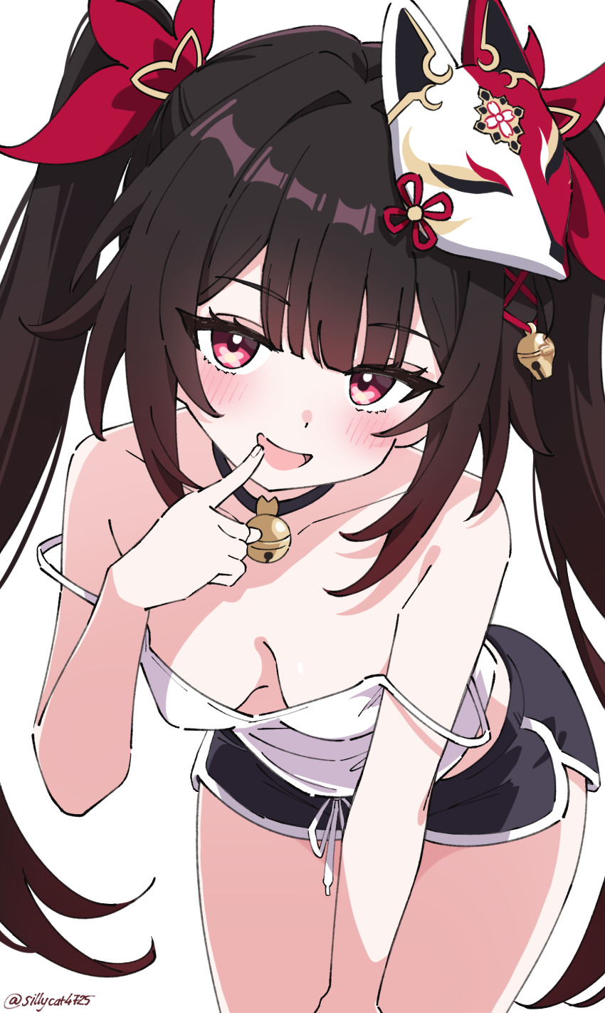 1girl :d absurdres bare_shoulders bell black_hair black_shorts blush breasts cleavage collarbone fox_mask fuzake_neko highres honkai:_star_rail honkai_(series) jingle_bell long_hair looking_at_viewer mask mask_on_head medium_breasts neck_bell open_mouth red_eyes shorts simple_background smile solo sparkle_(honkai:_star_rail) twintails twitter_username white_background