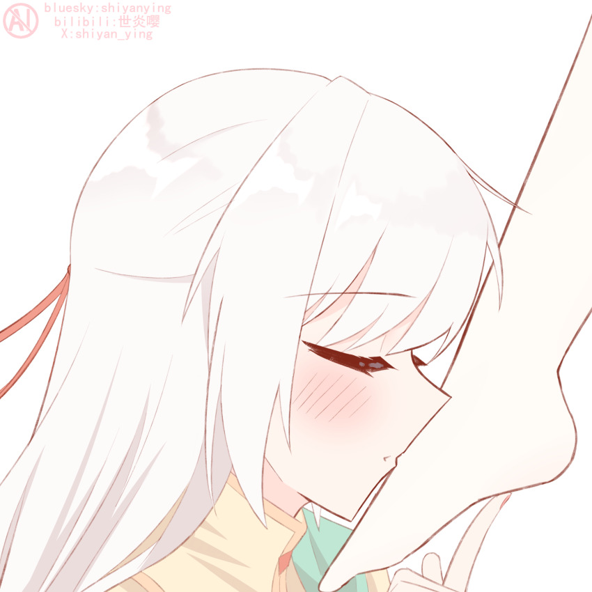 2girls artist_name barefoot chinese_commentary closed_eyes commentary_request feet hair_ribbon hand_on_another&#039;s_foot highres kissing_foot long_hair luliam_santamagia mixed-language_commentary multiple_girls muryoku_seijo_to_munou_oujo puckered_lips red_ribbon ribbon shiyan_ying tamura_nana white_hair yuri