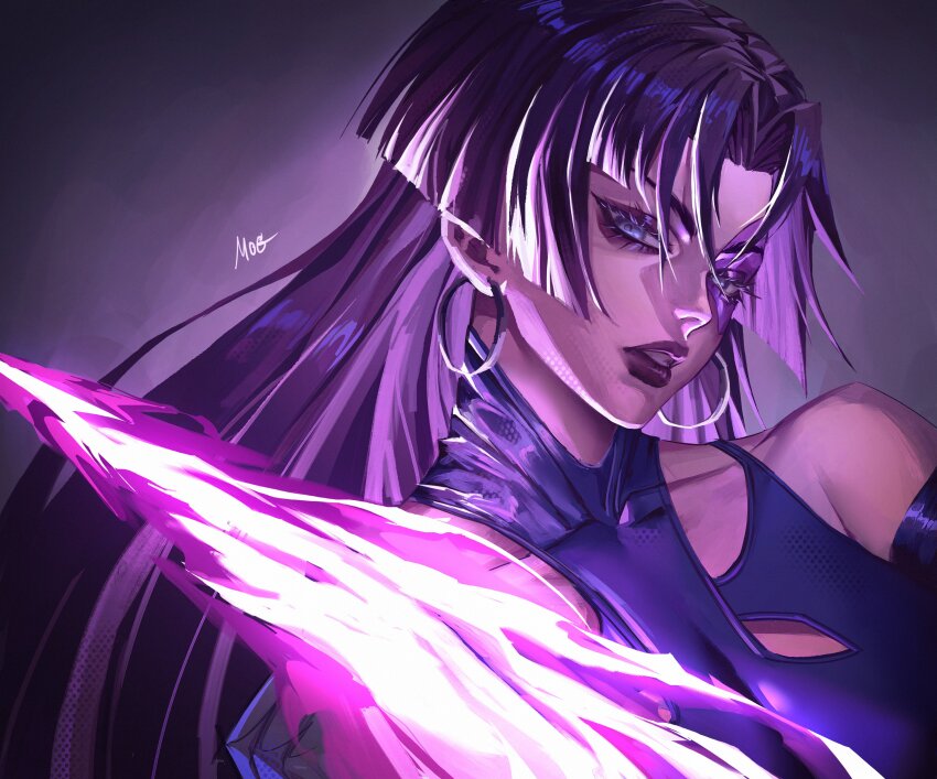 1girl absurdres artist_name bare_shoulders earrings energy_blade female_focus glowing gradient_background highres hoop_earrings jewelry marvel marvel_rivals mogeckko psylocke psylocke_(marvel_rivals) psylocke_(vengeance) purple_lips purple_theme simple_background solo upper_body x-men