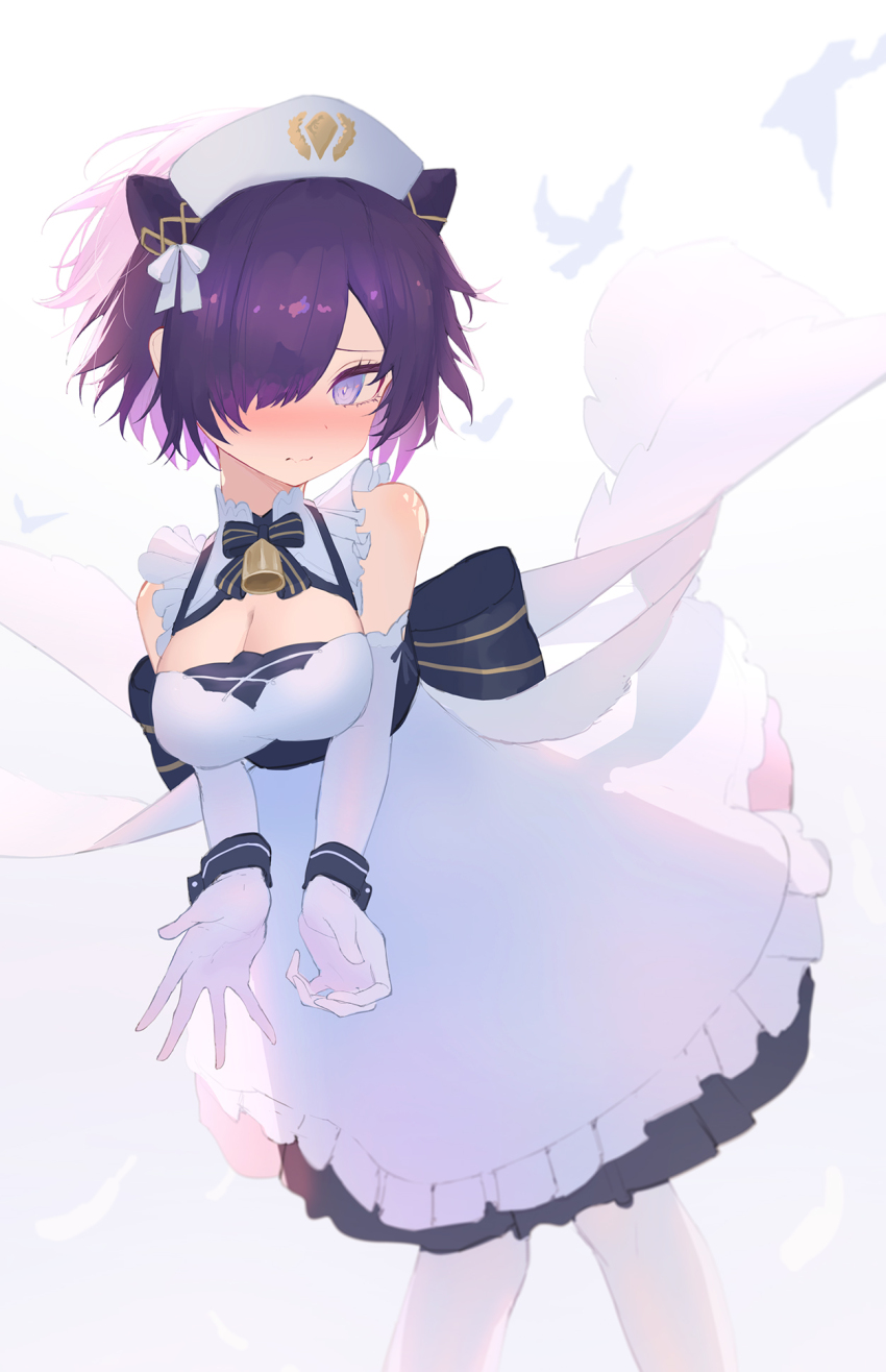 1girl apron azur_lane bare_shoulders bell black_dress blush breasts cleavage commission detached_collar dress elbow_gloves embarrassed frilled_apron frills gloves hair_over_one_eye hat highres jervis_(azur_lane) leaning_to_the_side medium_breasts medium_hair neck_bell nervous nurse_cap pixiv_commission purple_eyes purple_hair shigma sleeveless sleeveless_dress solo thighhighs waist_apron wavy_mouth white_apron white_gloves