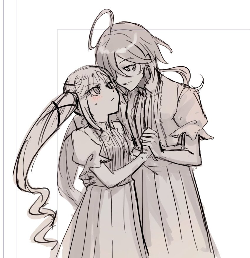 2girls ahoge aoki_shizumi blush closed_mouth commentary greyscale hand_on_another&#039;s_waist highres holding_hands isemi_tina long_hair long_skirt looking_at_another monochrome multiple_girls parted_lips pleated_skirt puffy_short_sleeves puffy_sleeves rock_wa_lady_no_tashinami_deshite short_sleeves skirt smile suzunomiya_lilisa sweatdrop twintails very_long_hair yuri