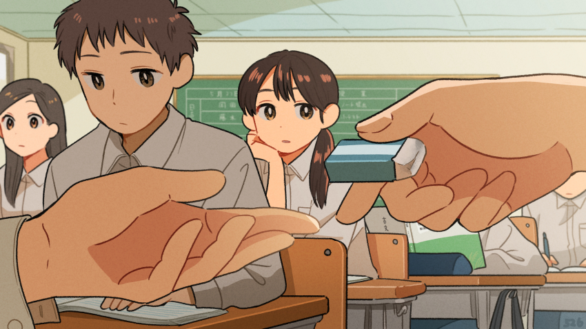 brown_eyes brown_hair chalkboard classroom collared_shirt desk eraser giving head_rest highres holding kojiro337 long_hair long_sleeves original school_desk shirt short_hair white_shirt