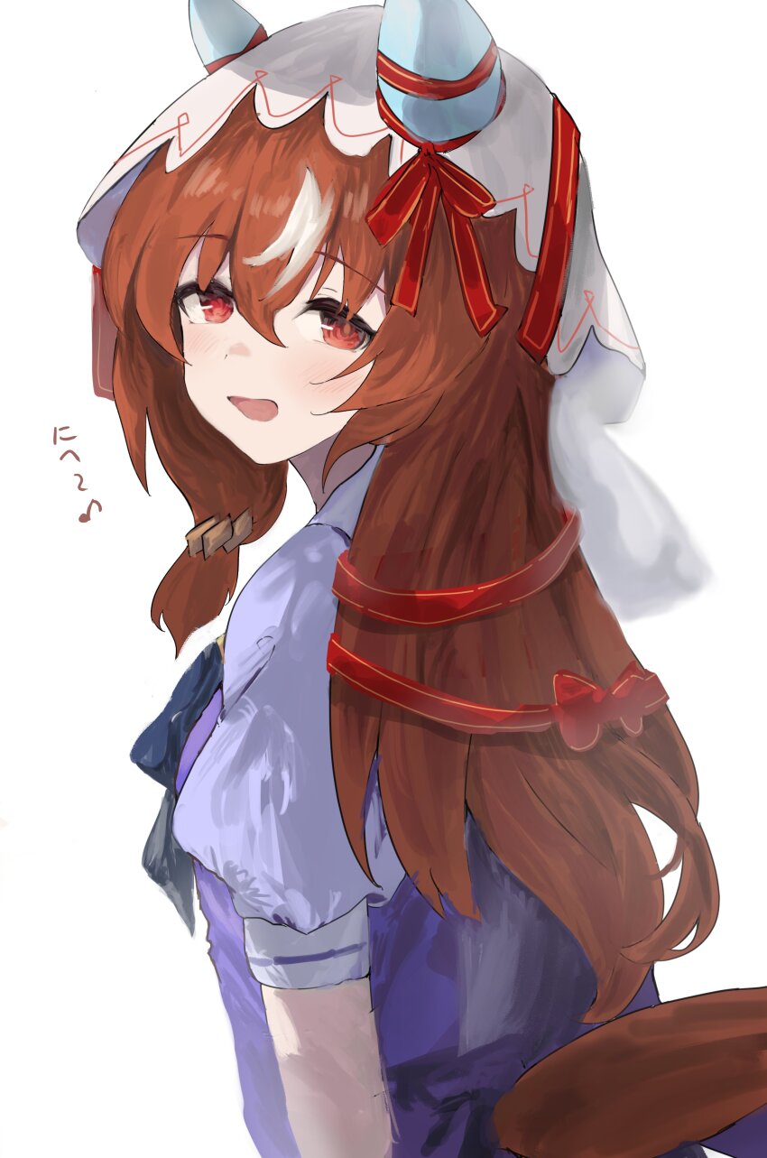 1girl absurdres animal_ears blush breasts brown_hair hair_between_eyes hair_ornament highres horse_ears horse_girl horse_tail looking_at_viewer open_mouth portrait red_eyes school_uniform simple_background small_breasts solo still_in_love_(umamusume) tail takinii tracen_school_uniform umamusume veil white_background