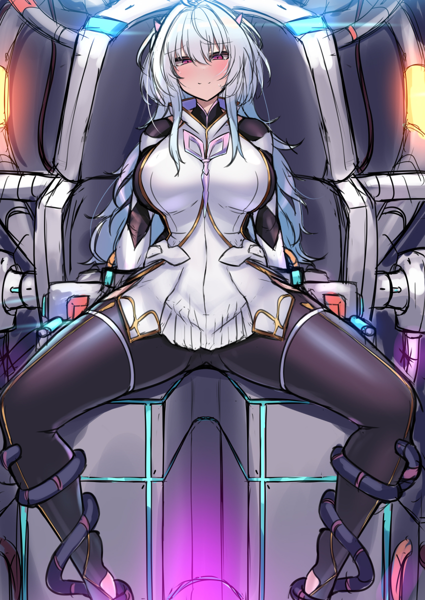 1girl black_pants blush breasts fate/grand_order fate/prototype fate_(series) highres kutan large_breasts long_hair long_sleeves looking_at_viewer merlin_(fate/prototype) pants pointy_ears purple_eyes shirt sitting solo spread_legs very_long_hair white_hair white_shirt