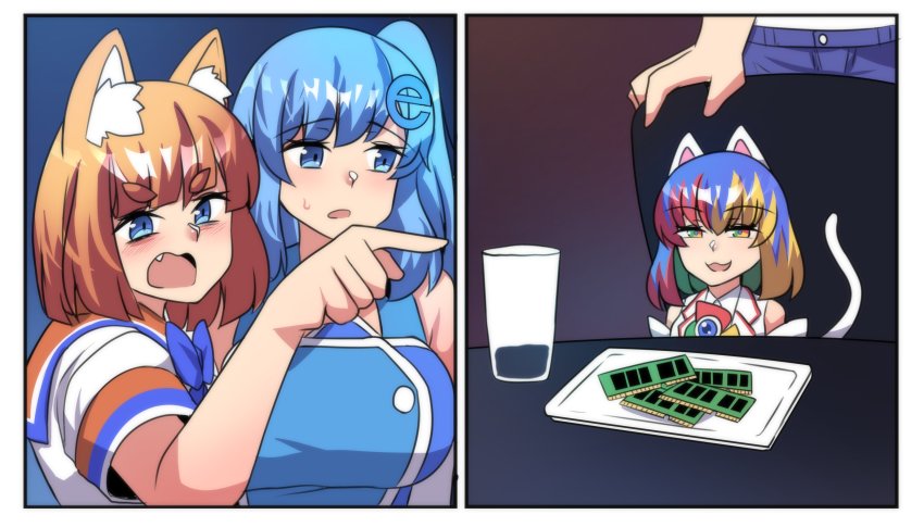 1boy 3girls :3 animal_ear_fluff animal_ears blue_eyes blue_hair blunt_bangs blush cat_ears cat_tail elbow_gloves fang firefox_(merryweather) fox_ears gloves google_chrome google_chrome_(merryweather) hair_ornament half-closed_eyes highres hinghoi internet_explorer internet_explorer_(merryweather) internet_explorer_(webcomic) long_hair meme merryweather mozilla_firefox multicolored_eyes multicolored_hair multiple_girls open_mouth orange_hair pointing pointing_at_another ram_(computer) short_eyebrows short_hair short_sleeves side_ponytail sitting sleeveless sweatdrop tail v-shaped_eyebrows woman_yelling_at_cat_(meme)