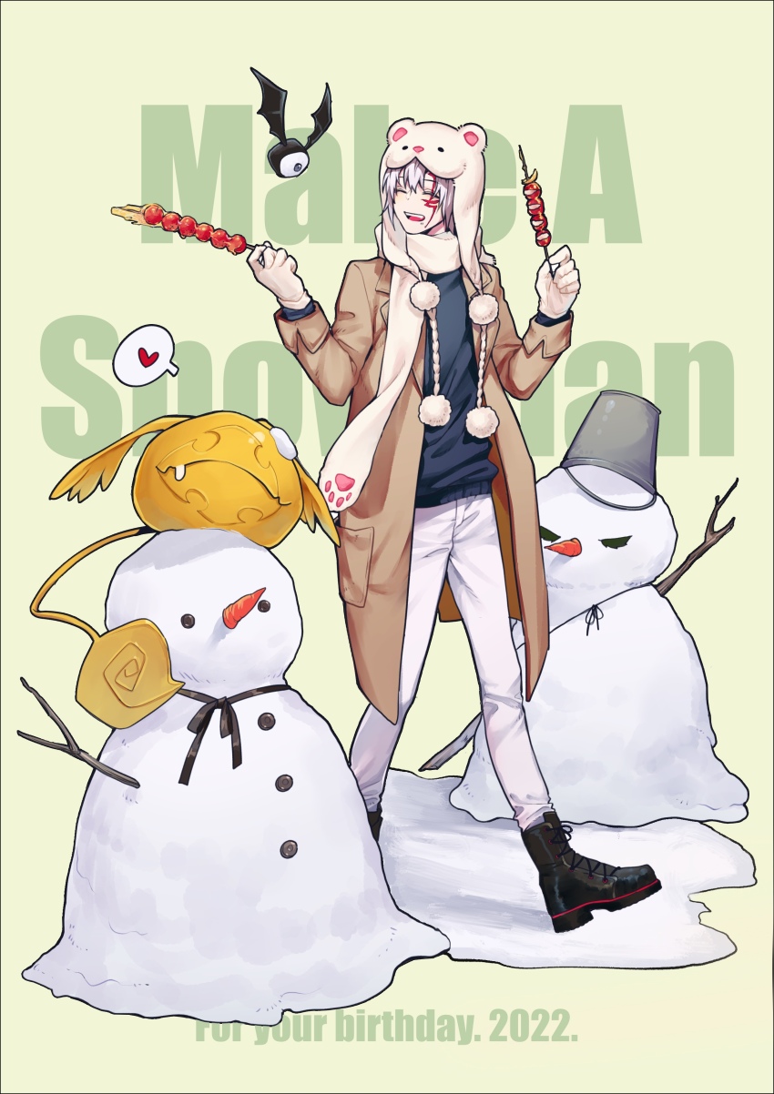 1boy 2others absurdres allen_walker animal_ear_headwear animal_scarf black_ribbon black_shoes blue_sweater brown_coat bucket bucket_hat buttons carrot closed_eyes coat creature cross d.gray-man dango english_text facial_mark facing_another fake_animal_ears food gloves golem_(d.gray-man) green_background hair_between_eyes hat heart highres holding holding_food long_coat male_focus mitarashi_dango multiple_others one-eyed open_mouth pants ribbon rocheng scar scar_on_face scarf shoes short_hair sidelocks smile snow snowman speech_bubble star_(symbol) star_facial_mark stick sweater tail thought_bubble timcanpy trench_coat wagashi white_gloves white_hair white_hat white_pants white_scarf wings