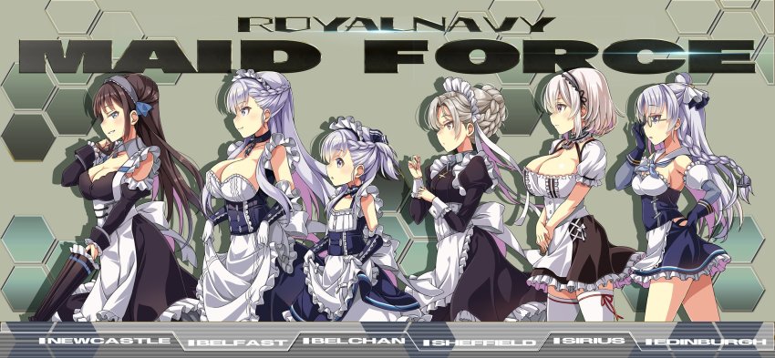 6+girls adjusting_eyewear apron azur_lane belfast_(azur_lane) black_hair blue_eyes braid breasts character_name cleavage collar collarbone commentary_request edinburgh_(azur_lane) english_text glasses gloves grey_hair highres hihiirokane_m large_breasts little_bel_(azur_lane) long_hair looking_at_viewer looking_to_the_side maid maid_apron maid_headdress multiple_girls newcastle_(azur_lane) newcastle_(retrofit)_(azur_lane) purple_eyes remodel_(azur_lane) sheffield_(azur_lane) short_hair side_braid sirius_(azur_lane) thighhighs translation_request