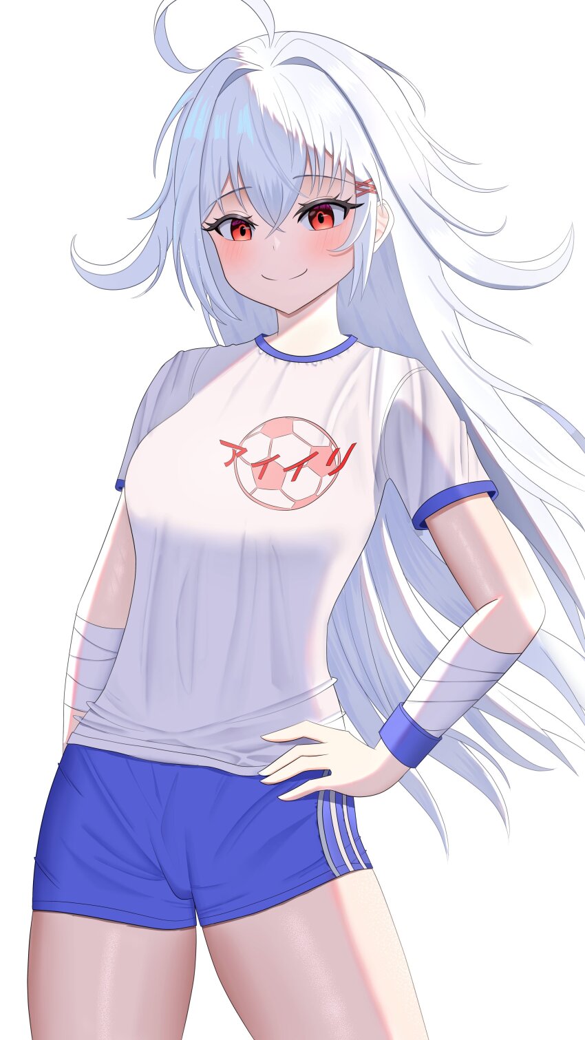 1girl absurdres bandages blush breasts buruma contrapposto cowboy_shot hand_on_own_hip highres long_hair looking_at_viewer original red_eyes shirt shorts smile solo white_background white_shirt yissou_art